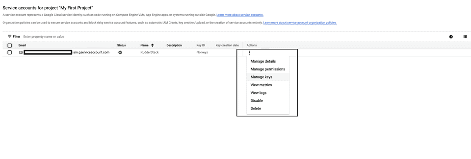 Manage keys option